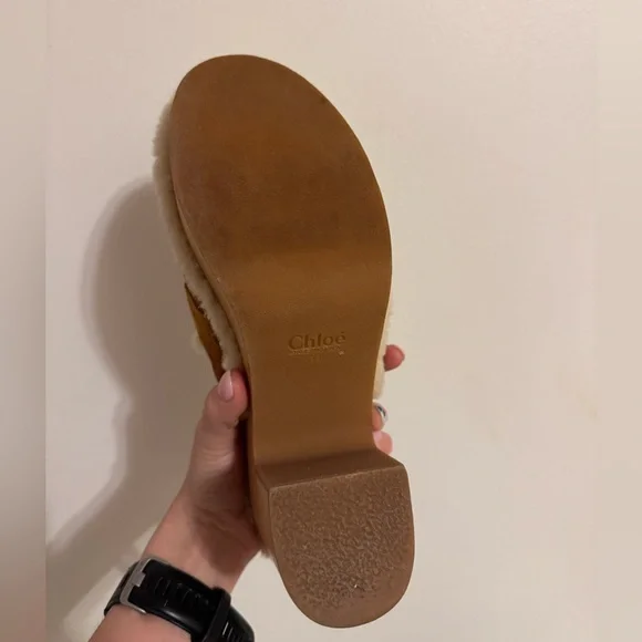 🤎SOLD🤎Chloe Joy Suede & Shearling Caramel Cognac Block Heel Clogs Size 39 EU - Picture 7 of 11